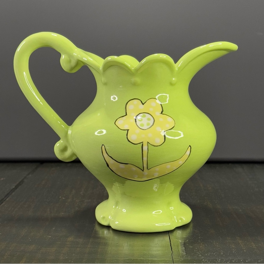 Pottery Pitcher Vase Lime Green Embossed Dotted Yellow Floral  Design  Approx 6”